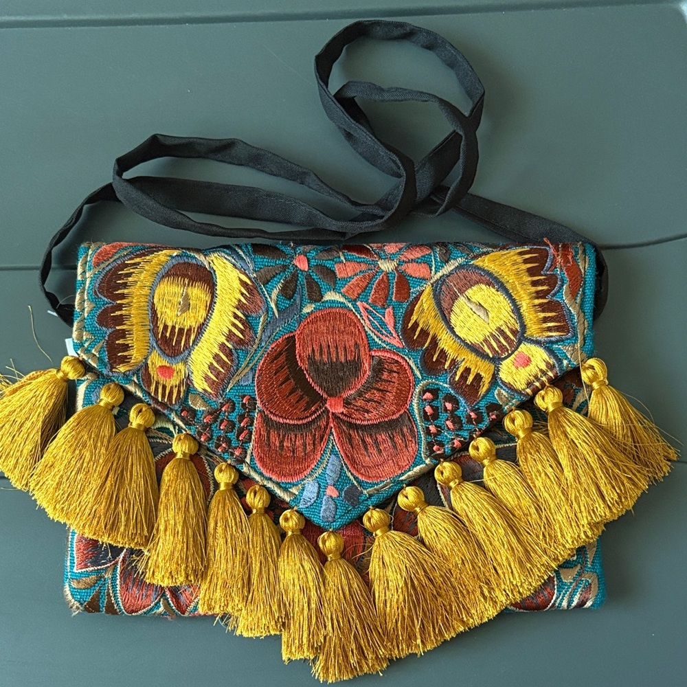 Embroidered Floral Tassel Crossbody Bag - Yellow & Teal